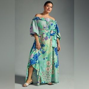 Anthropologie Floral Off-Shoulder Maxi Dress - Green and Blue
